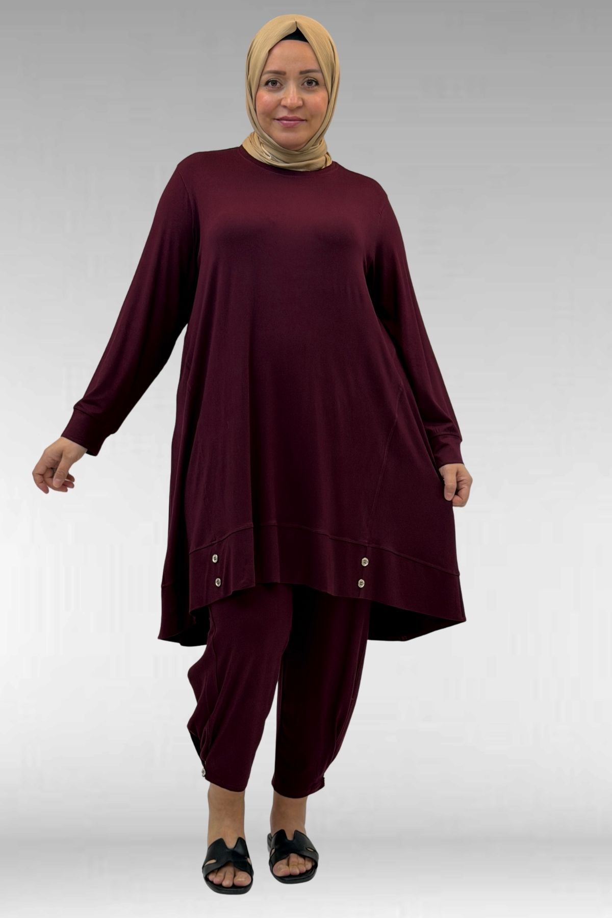 67041 Büyük Beden Düğme Detaylı Penye Pantolonlu Takım - Bordo