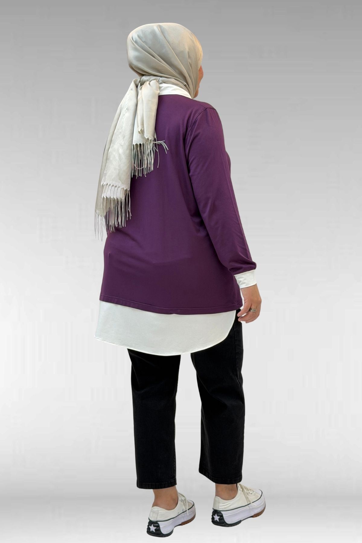 68028 Büyük Beden Kombinli -Manşetli Penye Tunik - Mürdüm