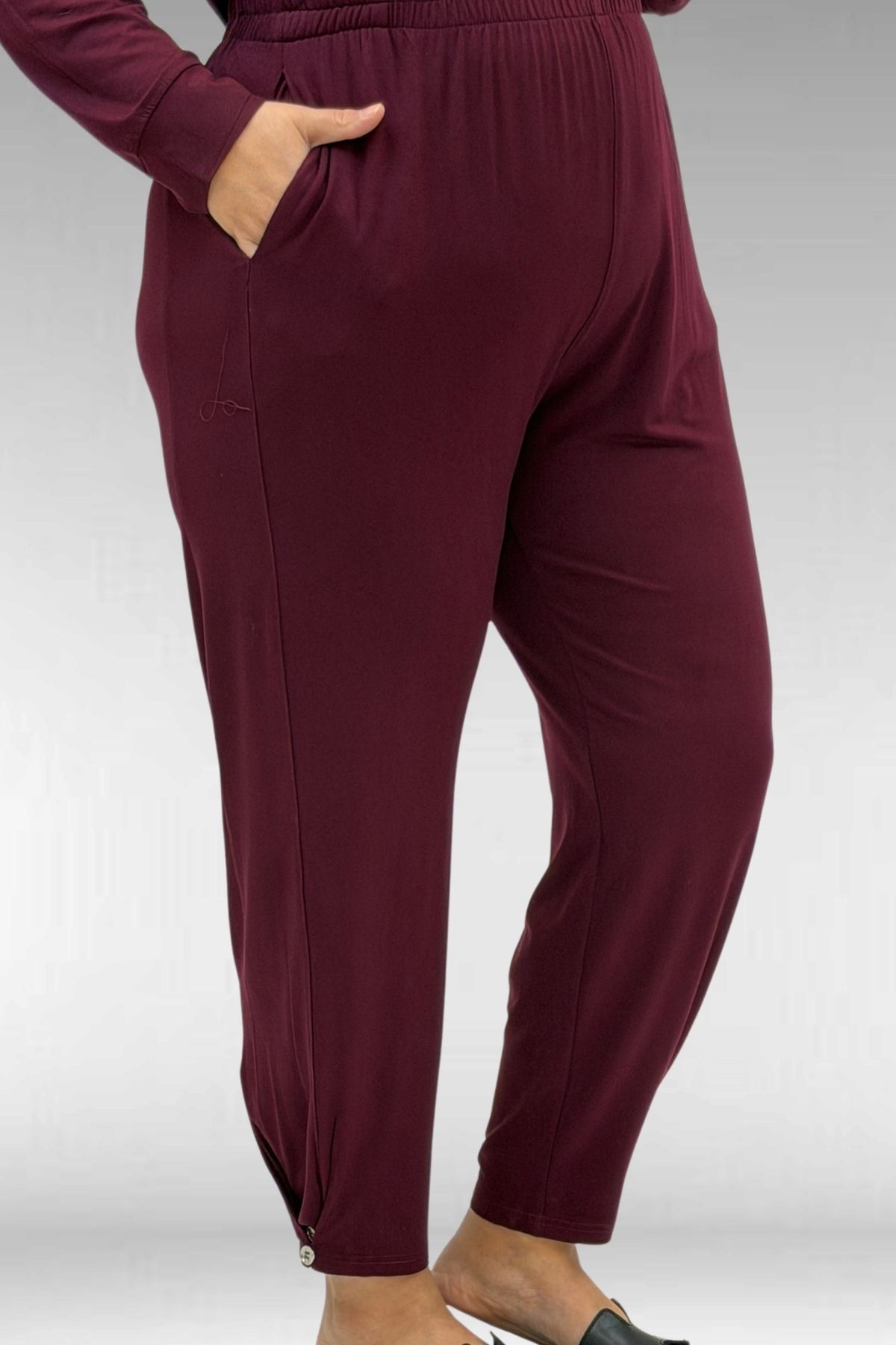 67041 Büyük Beden Düğme Detaylı Penye Pantolonlu Takım - Bordo