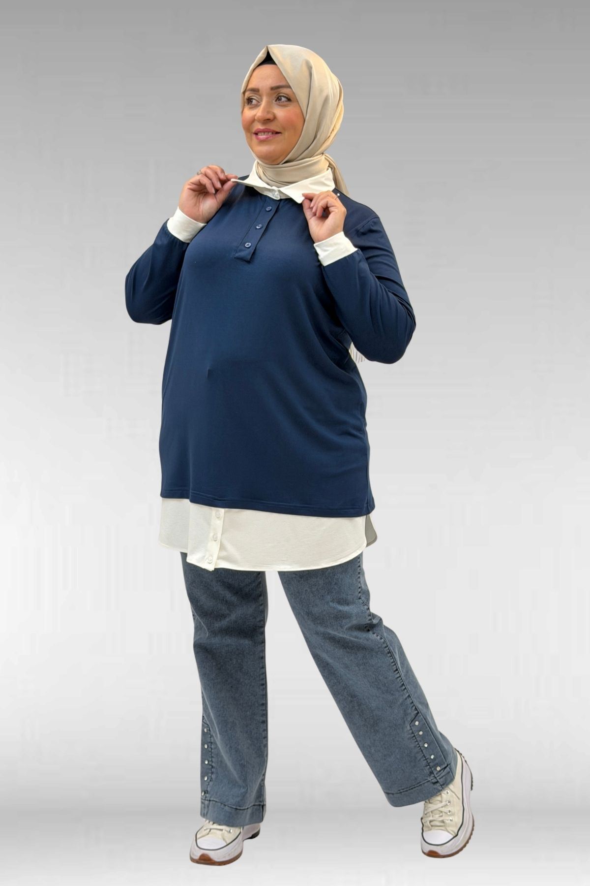 68028 Büyük Beden Kombinli -Manşetli Penye Tunik - Petrol