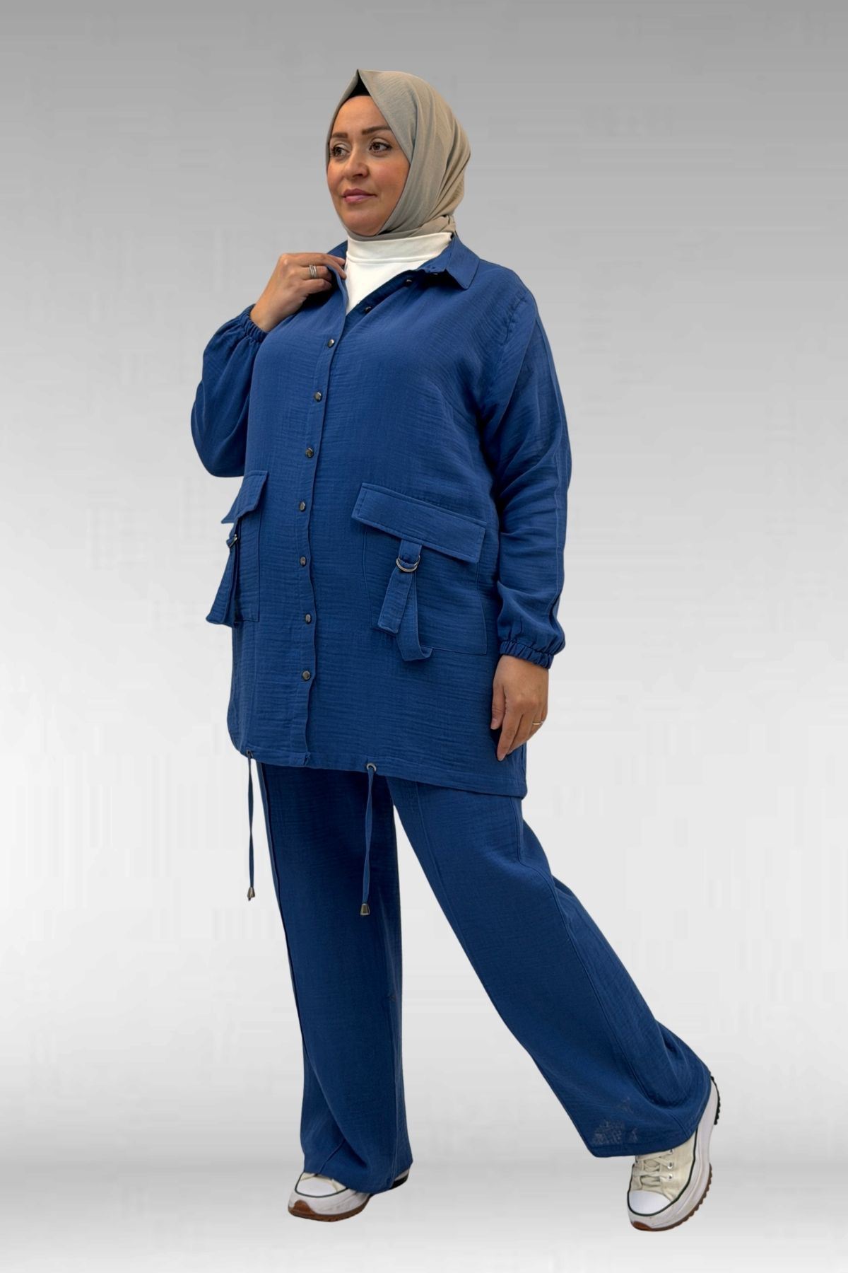 67015 Büyük Beden Cepleri D Toka Detaylı Müslin Pantolonlu Takım - İndigo