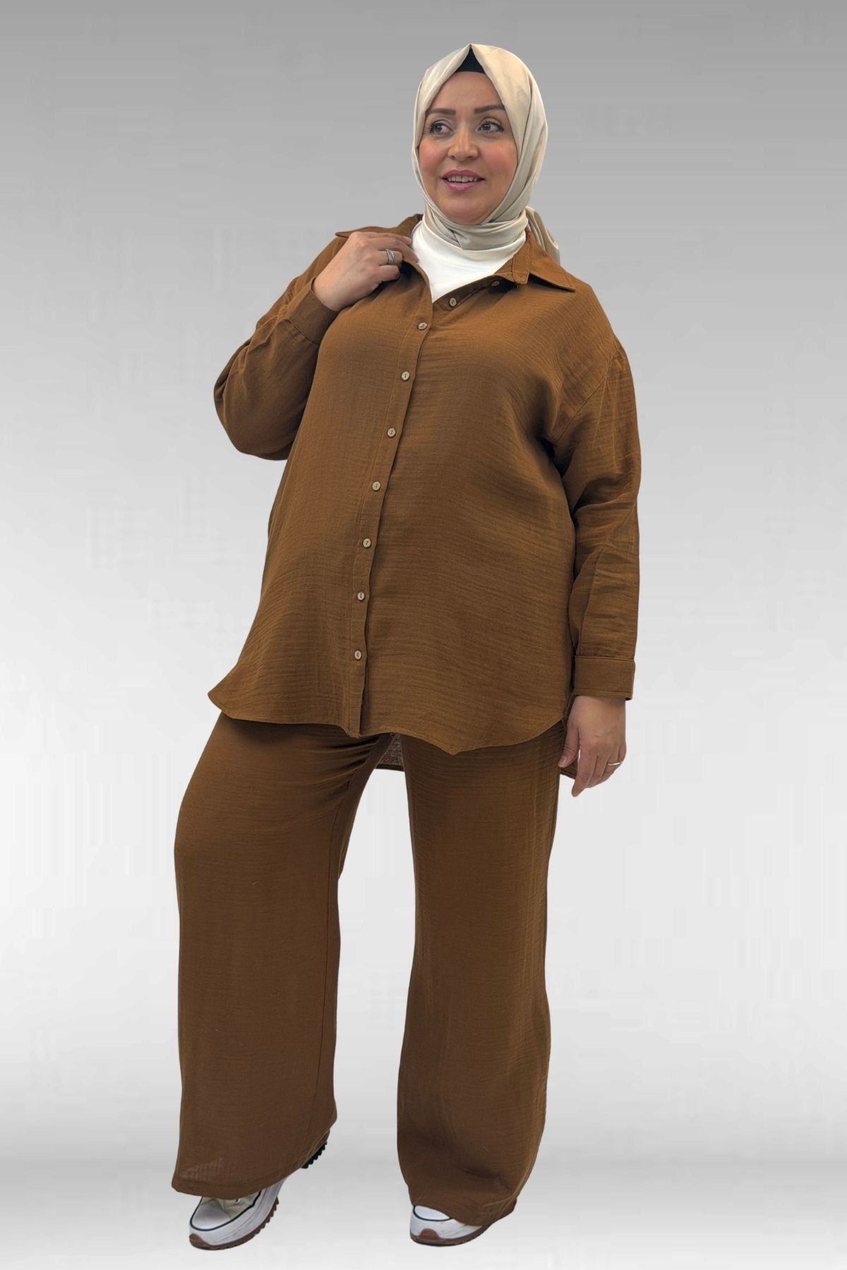 67038 Büyük Beden Erkek Yakalı Müslin Pantolonlu Takım - Kahve