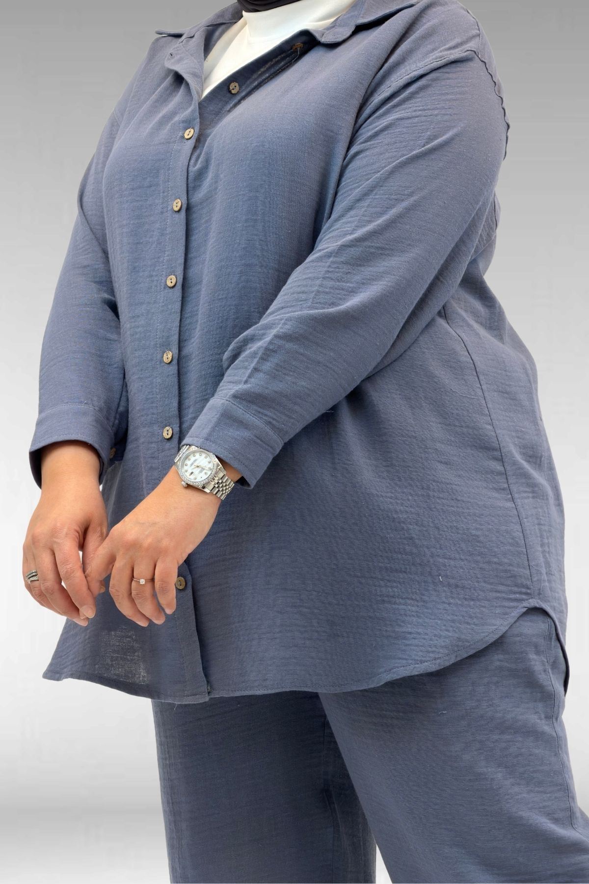 67038 Büyük Beden Erkek Yakalı Müslin Pantolonlu Takım - Antrasit