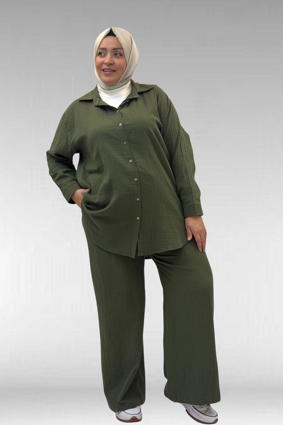 67038 Büyük Beden Erkek Yakalı Müslin Pantolonlu Takım - Haki