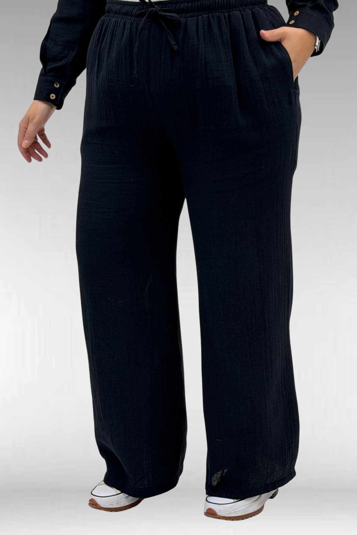 67038 Büyük Beden Erkek Yakalı Müslin Pantolonlu Takım - Siyah