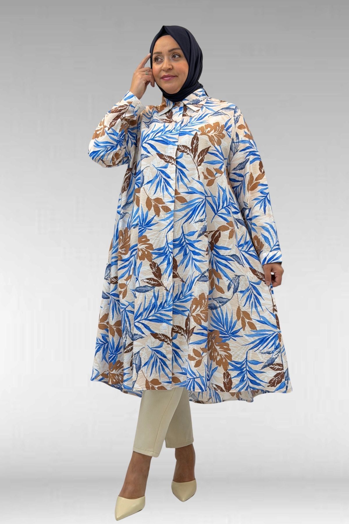 68015 Büyük Beden Mevlana Kesim Mango Gömlek - Yaprak Desen Vizon