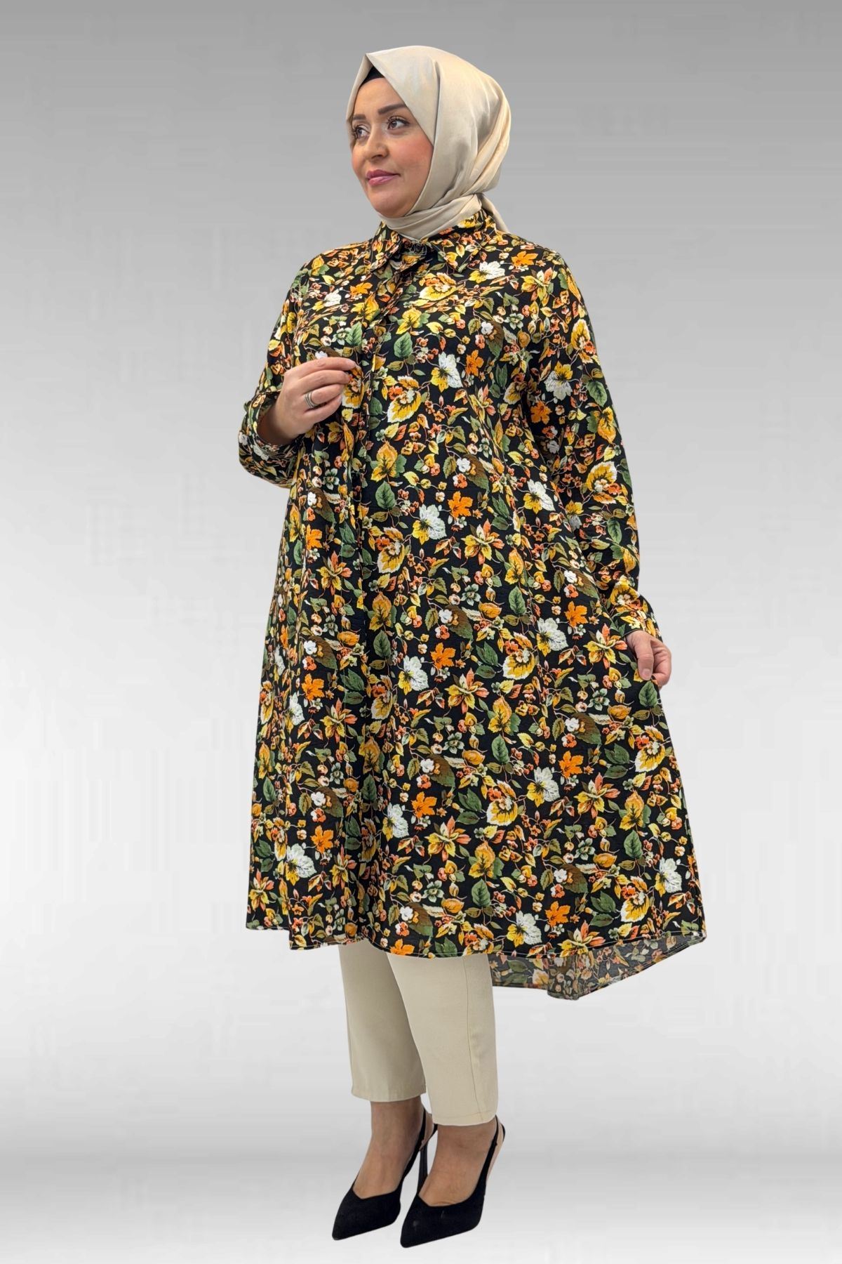 68015 Büyük Beden Mevlana Kesim Mango Gömlek - Desenli Siyah