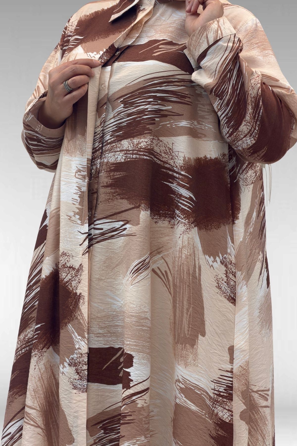 68015 Büyük Beden Mevlana Kesim Mango Gömlek - Desenli Çikolata Kahve