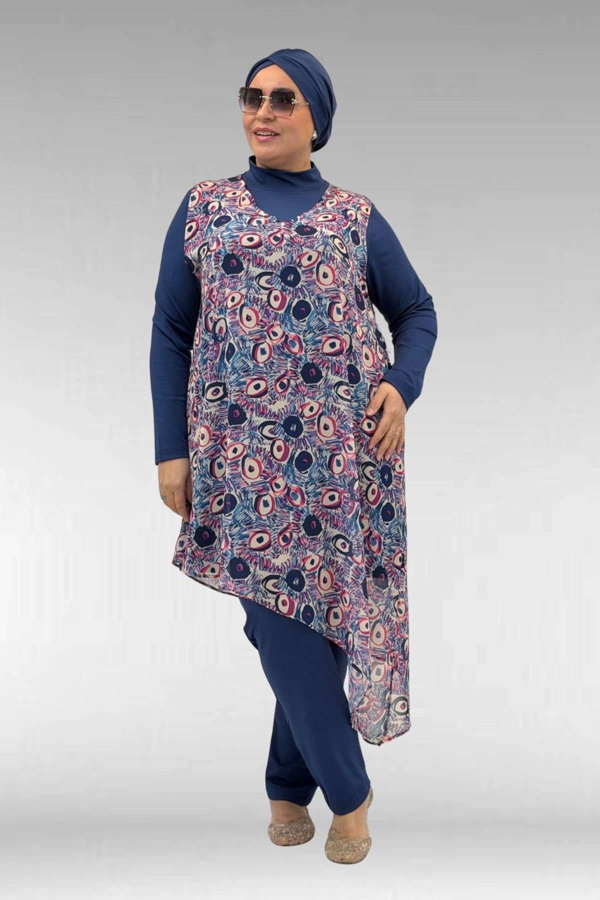 1723 Büyük Beden Uzunkol Şifon Pareolu Tesettür Mayo - Göz Desen İndigo-İndigo