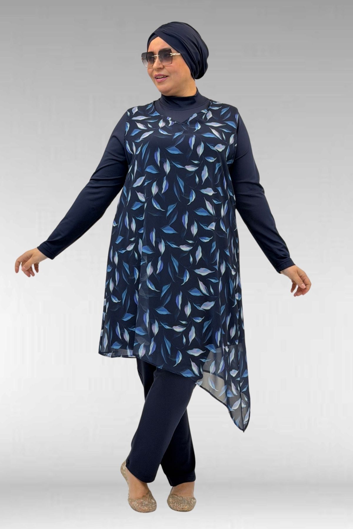 1723 Büyük Beden Uzunkol Şifon Pareolu Tesettür Mayo - Yaprak Desenli Lacivert