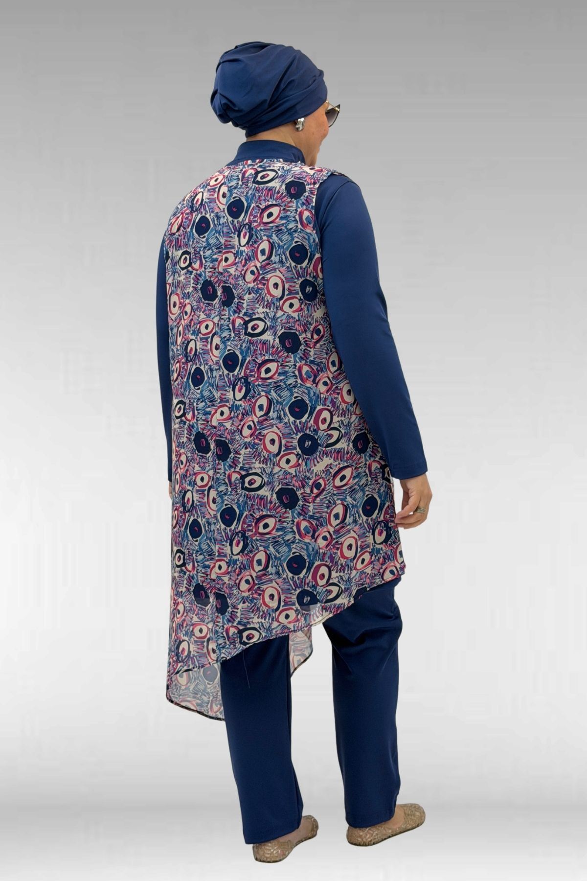1723 Büyük Beden Uzunkol Şifon Pareolu Tesettür Mayo - Göz Desen İndigo-İndigo