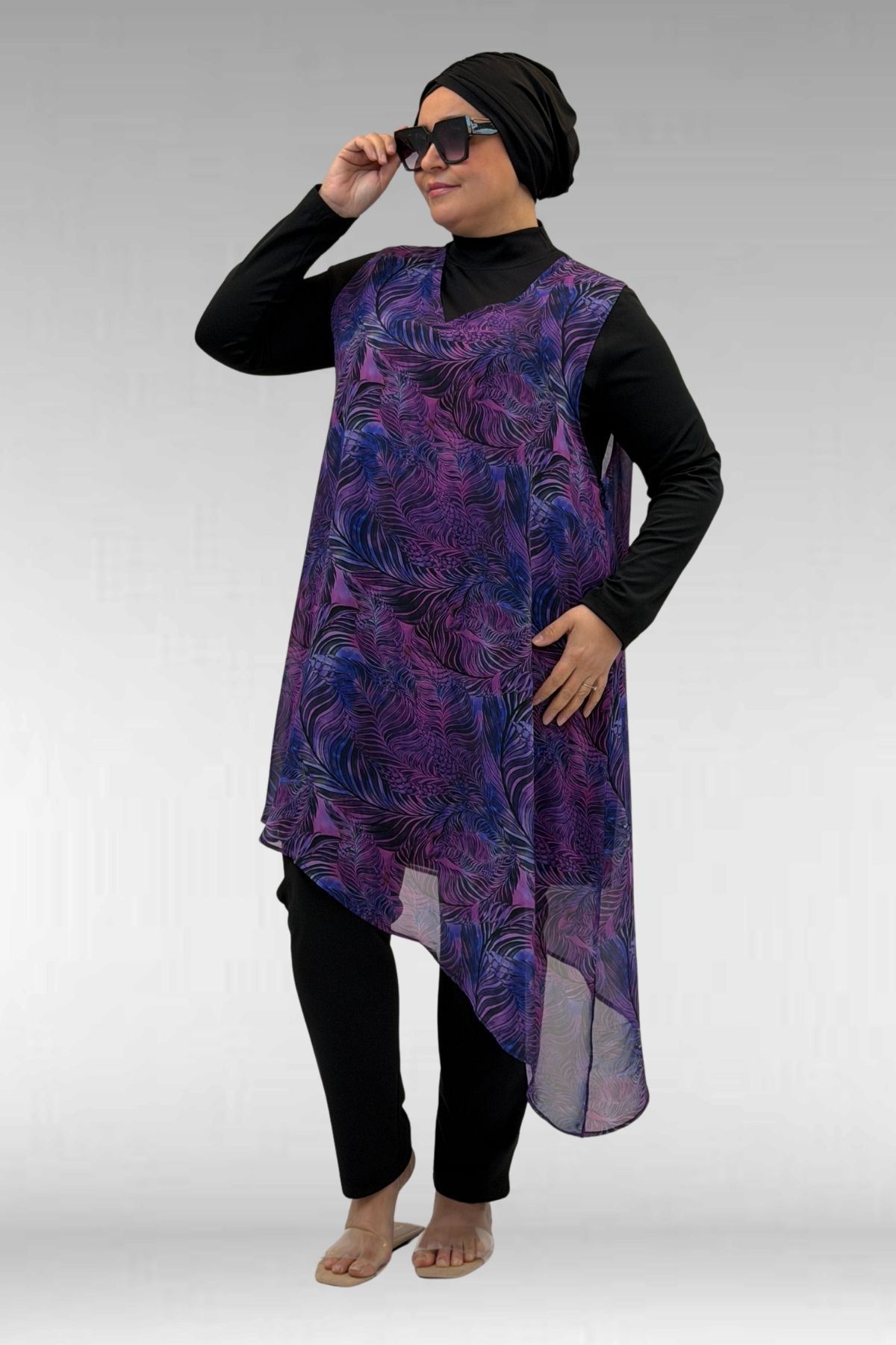 1723 Büyük Beden Uzunkol Şifon Pareolu Tesettür Mayo - Yaprak Desen Mor-Siyah
