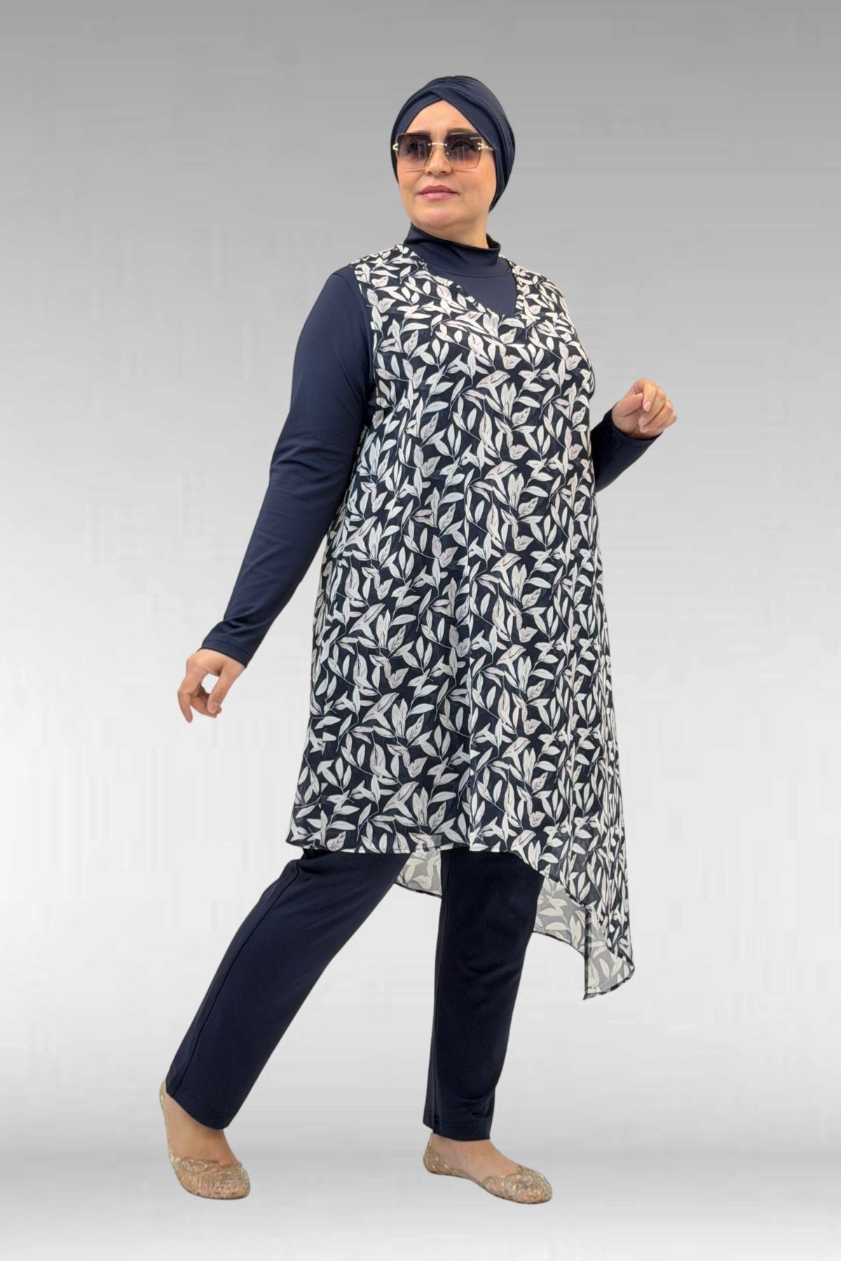 1723 Büyük Beden Uzunkol Şifon Pareolu Tesettür Mayo - Yaprak Desen Ekru-Laci