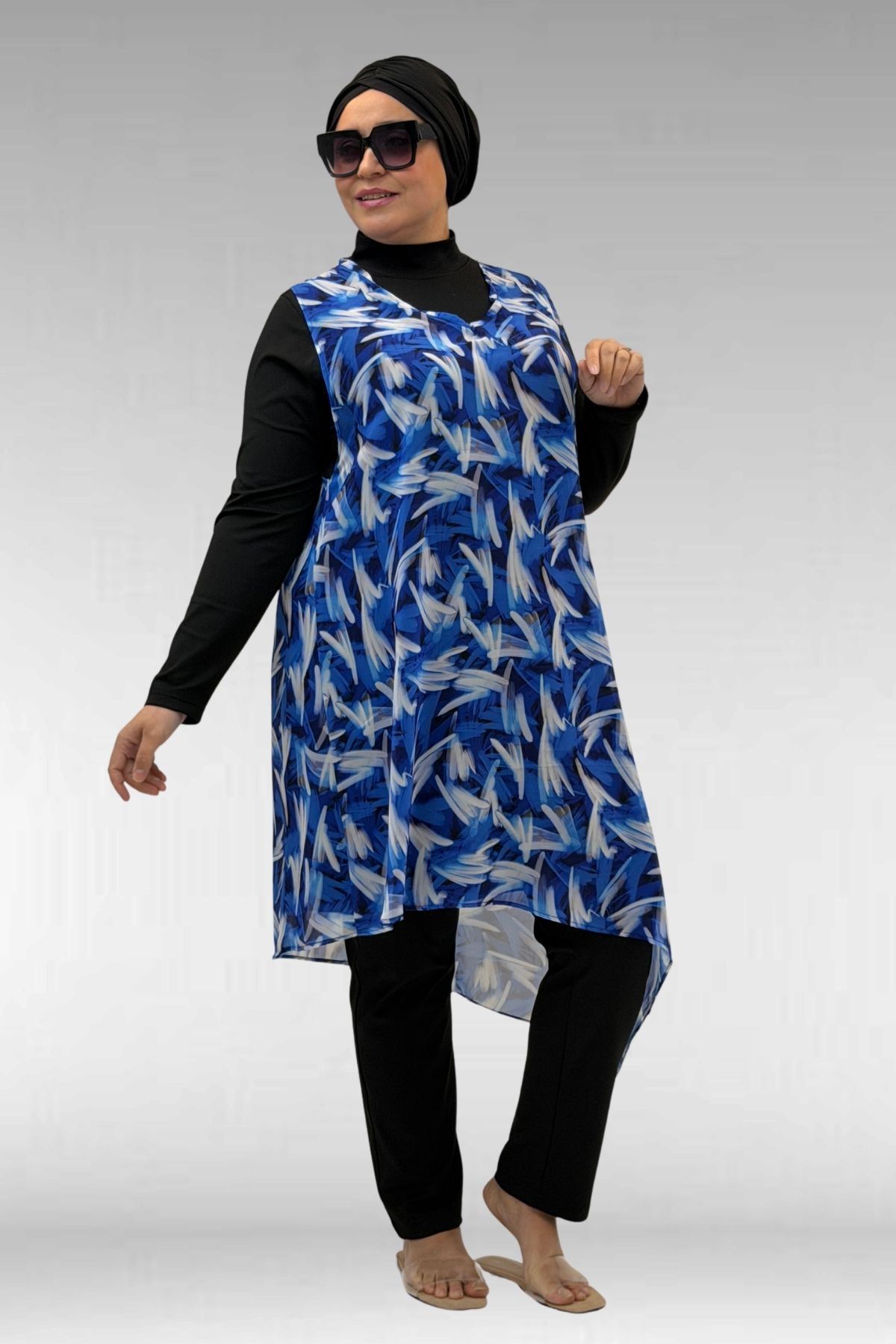 1723 Büyük Beden Uzunkol Şifon Pareolu Tesettür Mayo - Fırça Desen Saks-Siyah