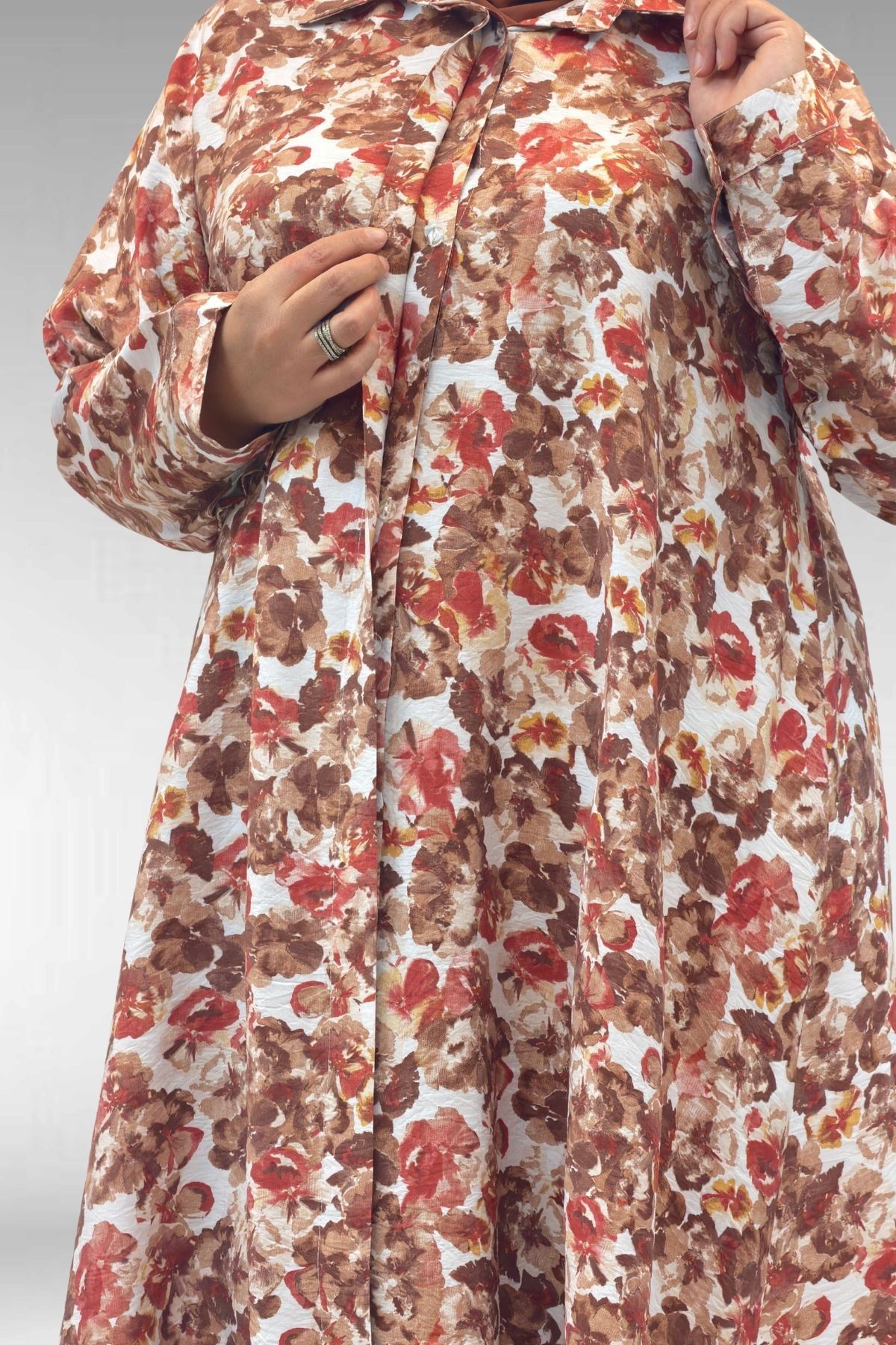 68015 Büyük Beden Mevlana Kesim Mango Gömlek - Çiçek Desenli Kahve