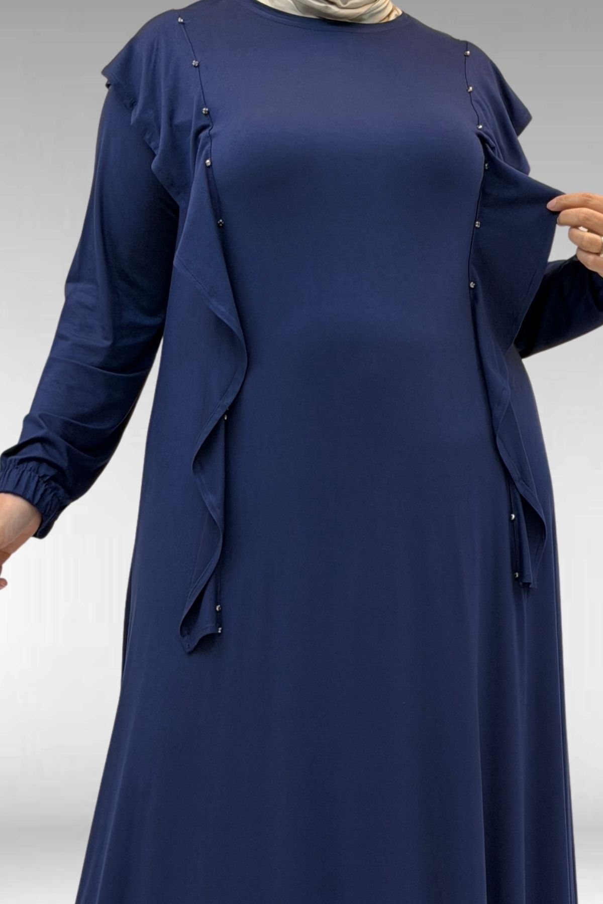 62003 Büyük Beden Omuzdan Aşağı Fırfır Detaylı Penye Elbise - İndigo