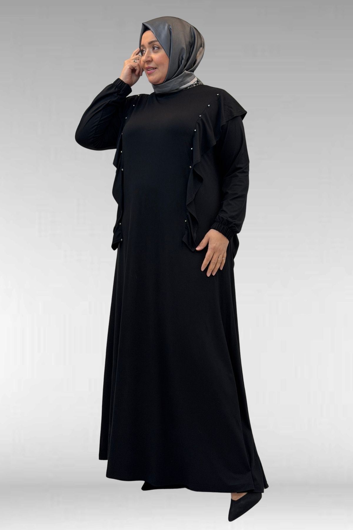 62003 Büyük Beden Omuzdan Aşağı Fırfır Detaylı Penye Elbise - Siyah