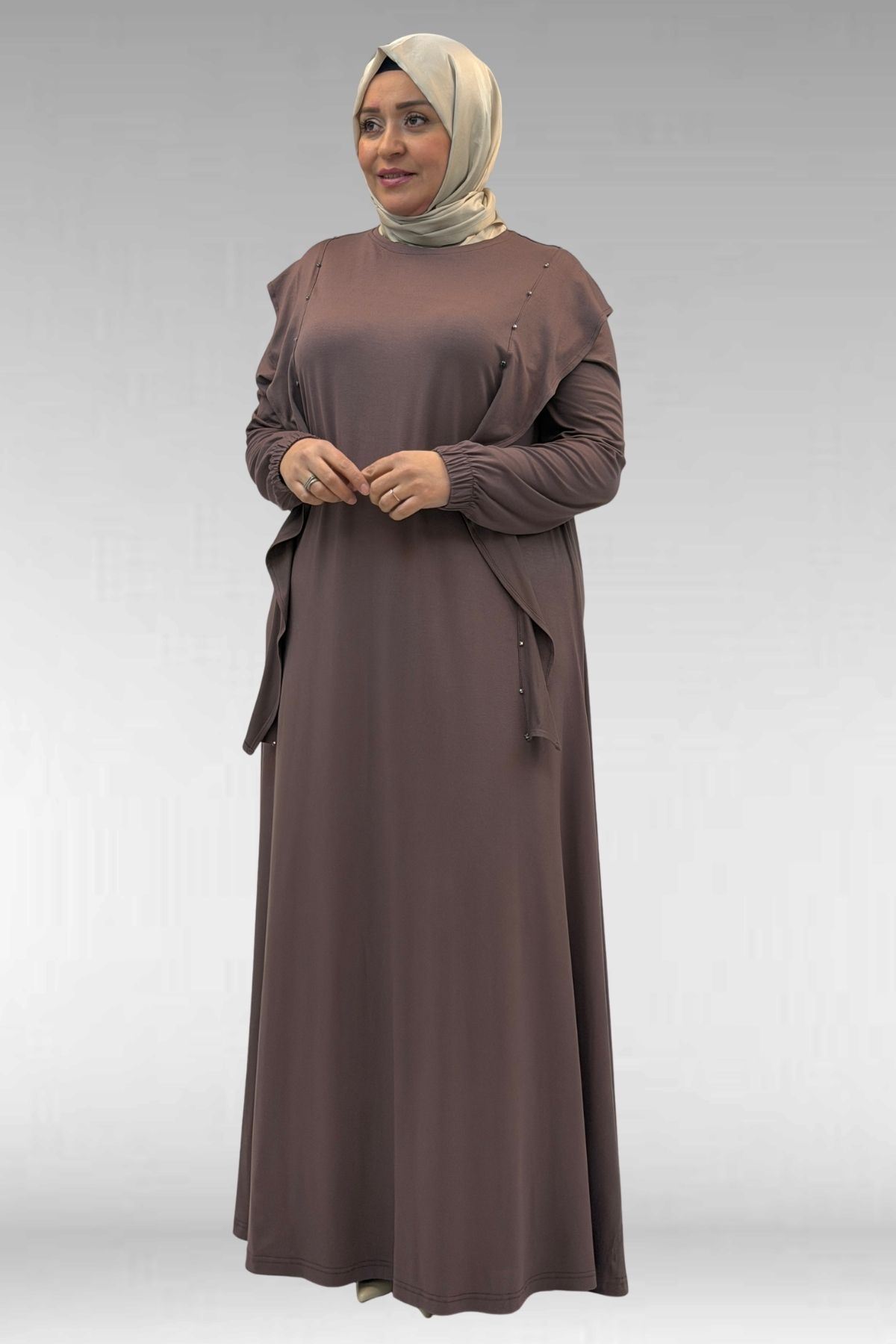 62003 Büyük Beden Omuzdan Aşağı Fırfır Detaylı Penye Elbise - Vizon