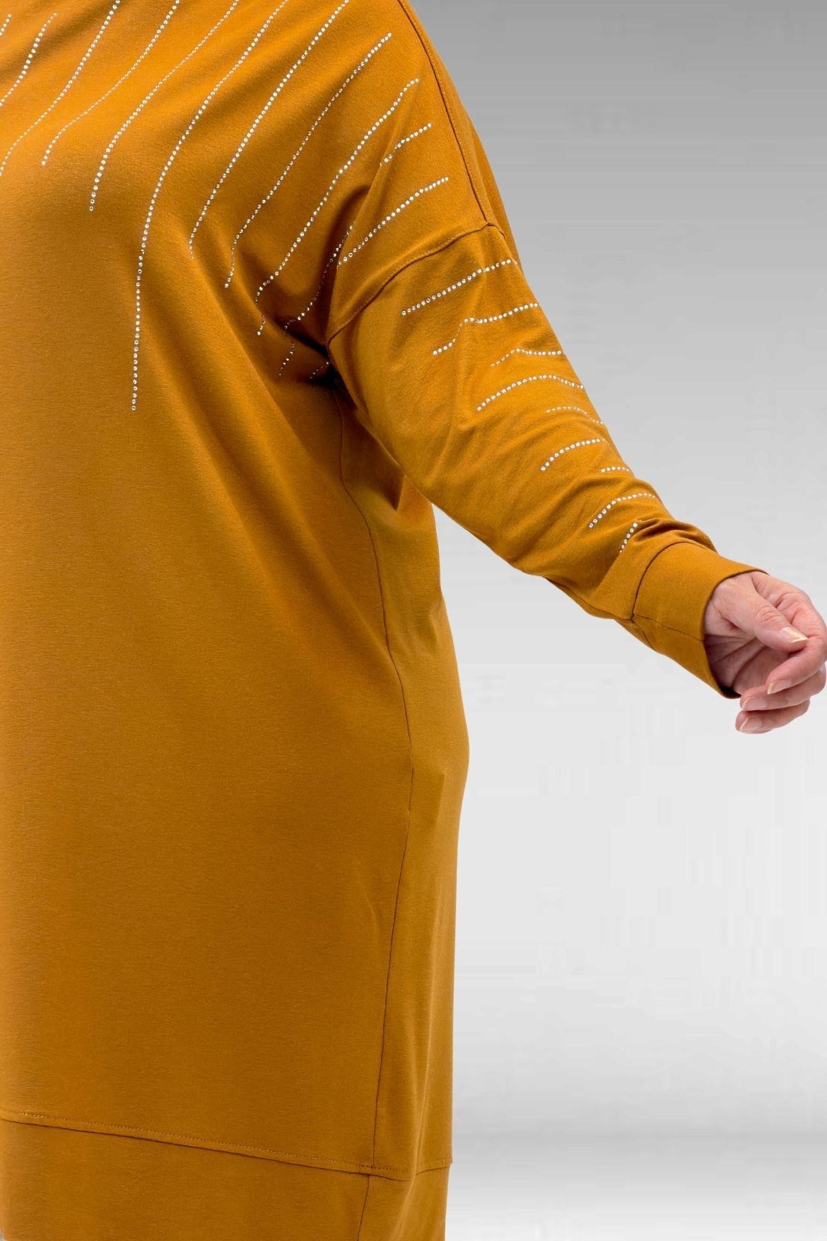 68020 Büyük Beden Damla Taş Detaylı Penye Tunik - Hardal