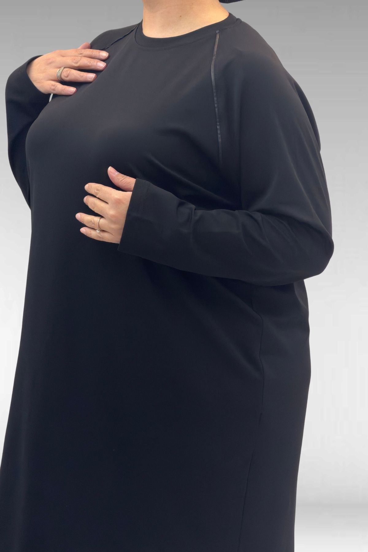 1741 Büyük Beden Kıstırma Biyeli Tesettür Mayo - Siyah