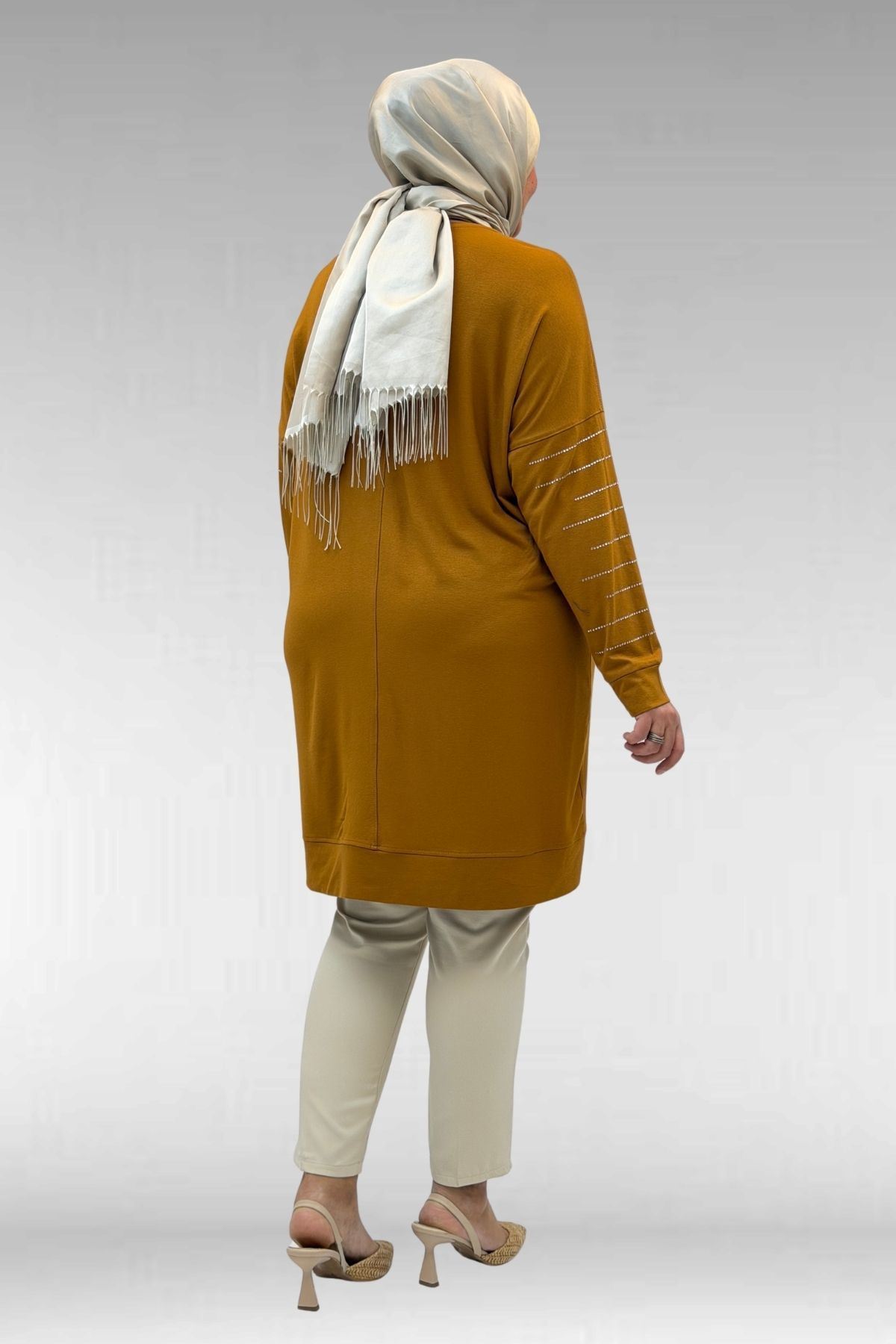 68020 Büyük Beden Damla Taş Detaylı Penye Tunik - Hardal