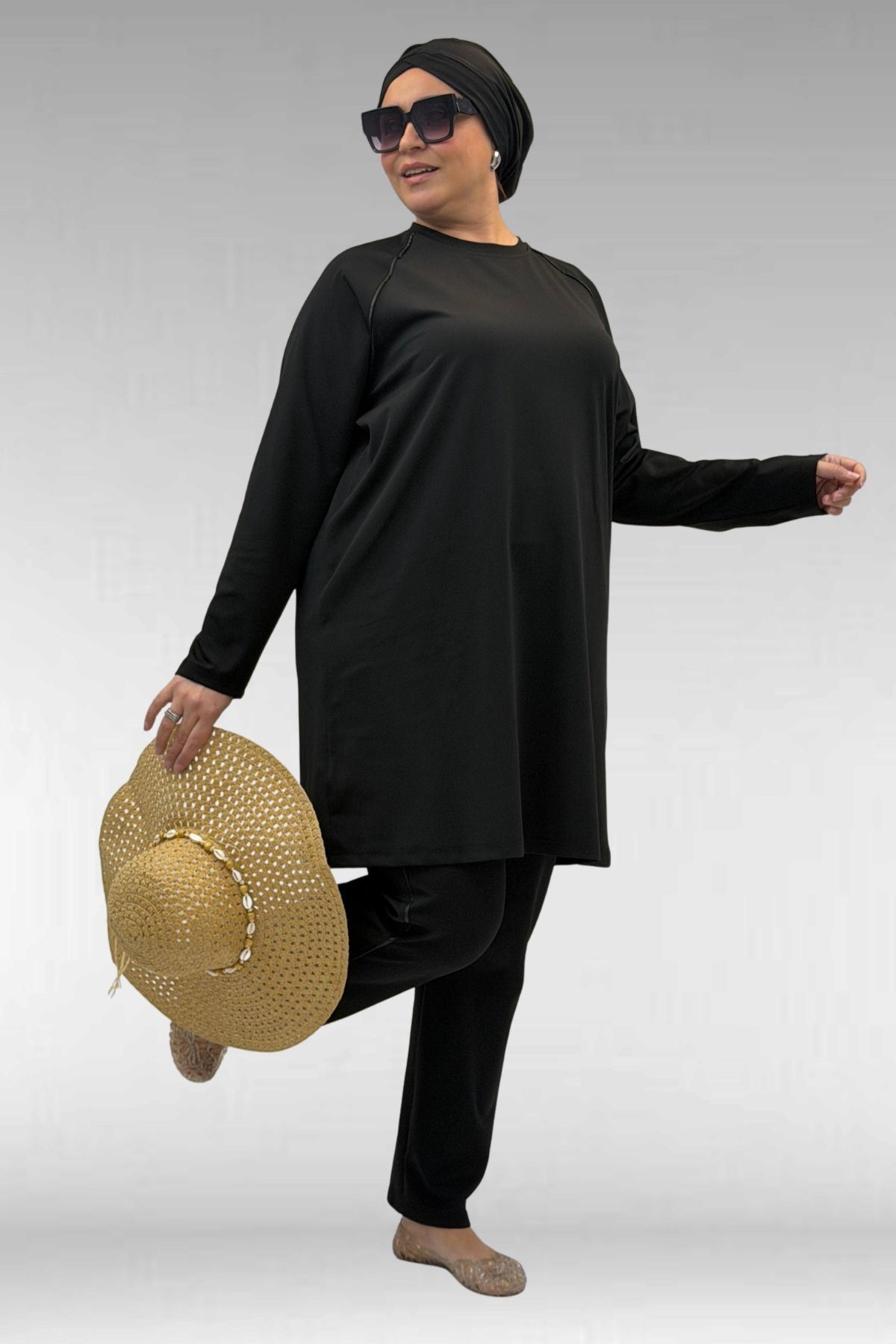 1741 Büyük Beden Kıstırma Biyeli Tesettür Mayo - Siyah