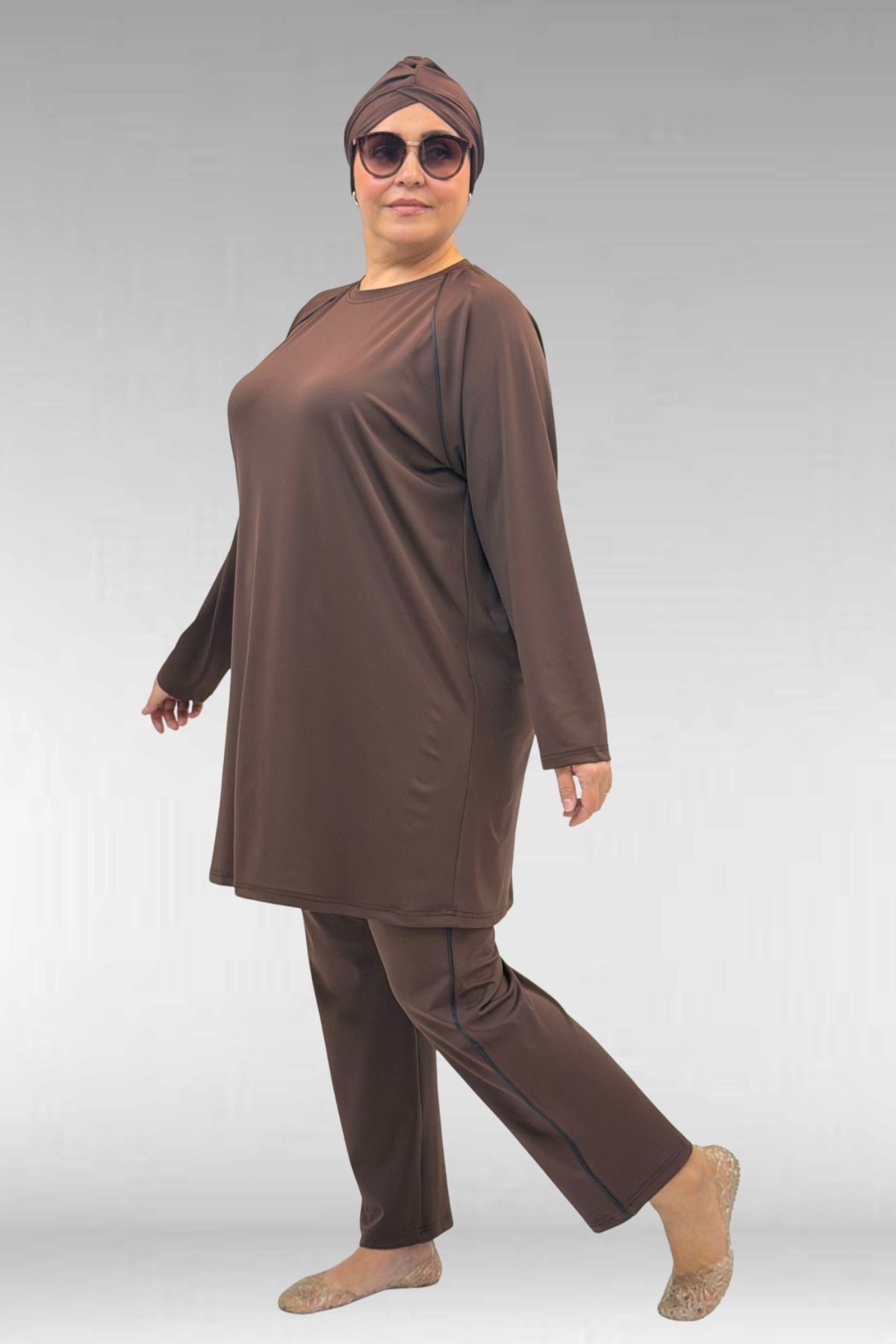 1741 Büyük Beden Kıstırma Biyeli Tesettür Mayo - Kahve