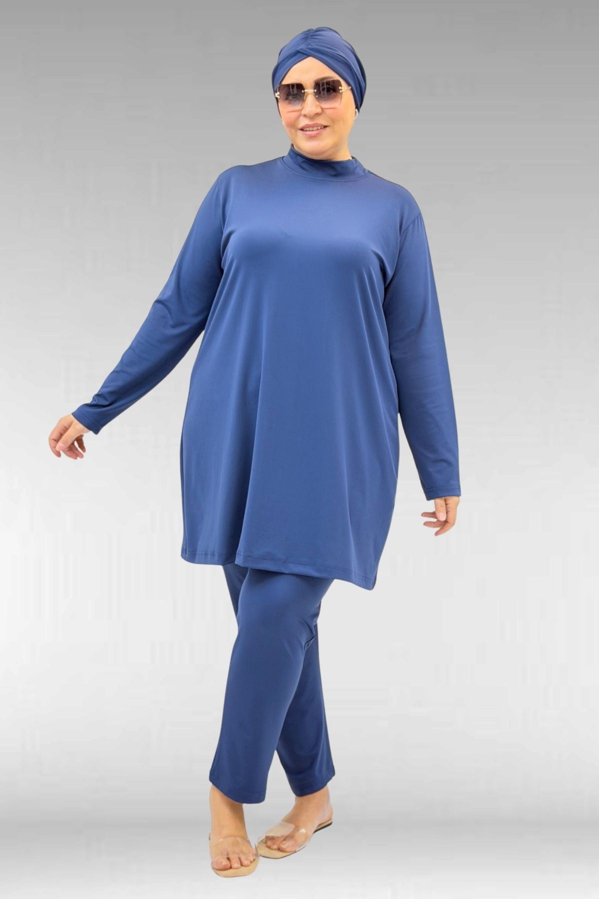 1738 Büyük Beden Düz Renk Tesettür Mayo - İndigo