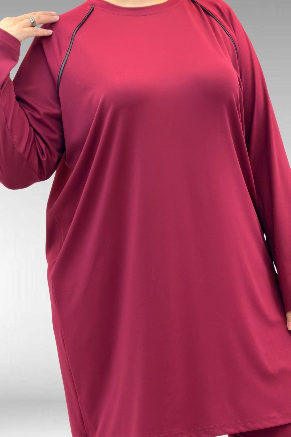 1741 Büyük Beden Kıstırma Biyeli Tesettür Mayo - Bordo