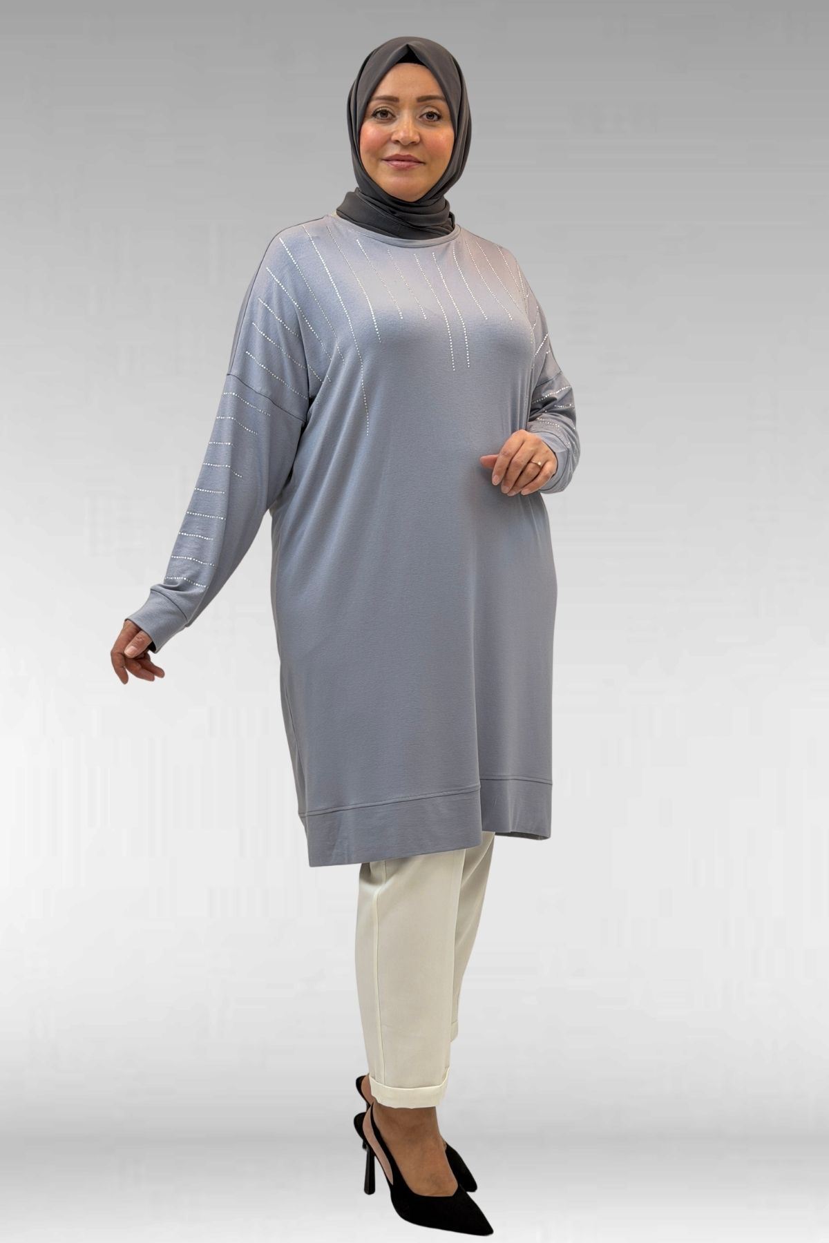 68020 Büyük Beden Damla Taş Detaylı Penye Tunik - Gri