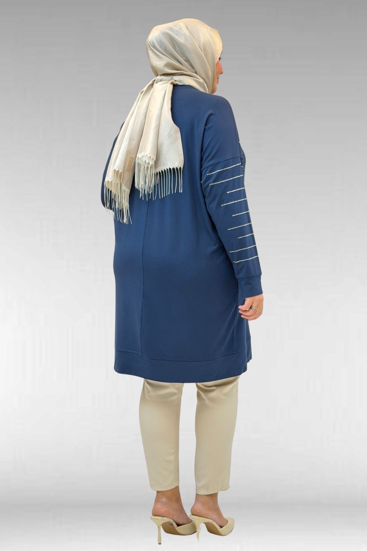 68020 Büyük Beden Damla Taş Detaylı Penye Tunik - Petrol