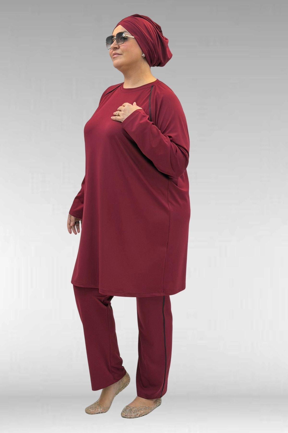 1741 Büyük Beden Kıstırma Biyeli Tesettür Mayo - Bordo