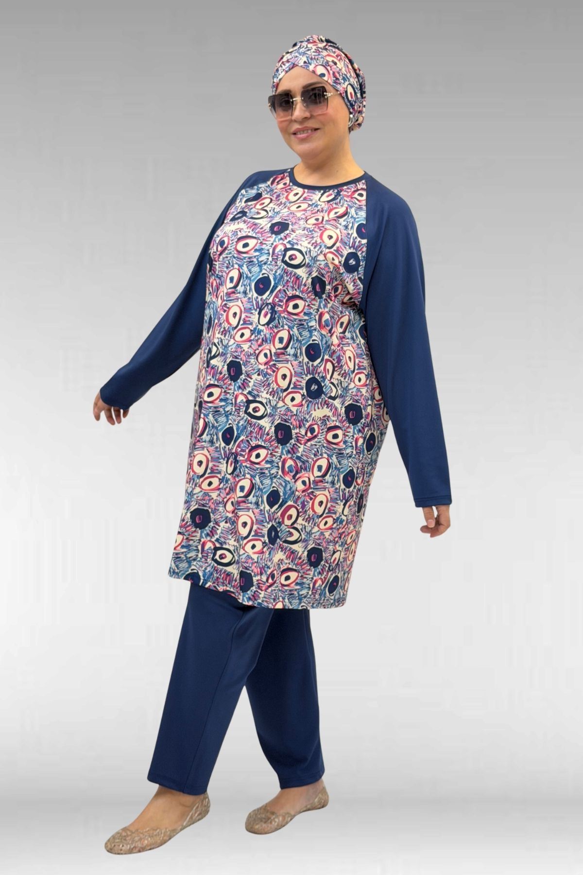 1742 Büyük Beden Uzunkol Tesettür Mayo Takım - Göz Desen İndigo