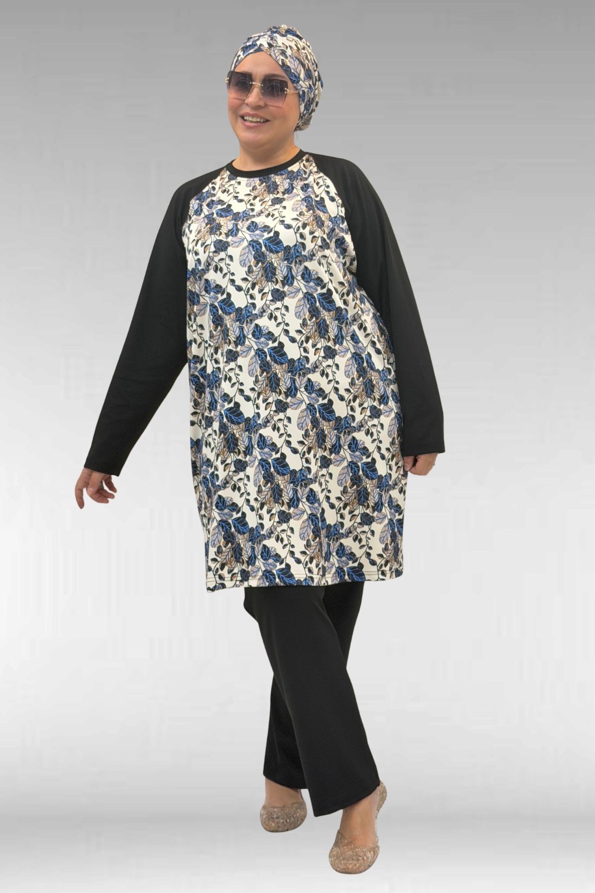 1742 Büyük Beden Uzunkol Tesettür Mayo Takım - Yaprak Desen Mavi