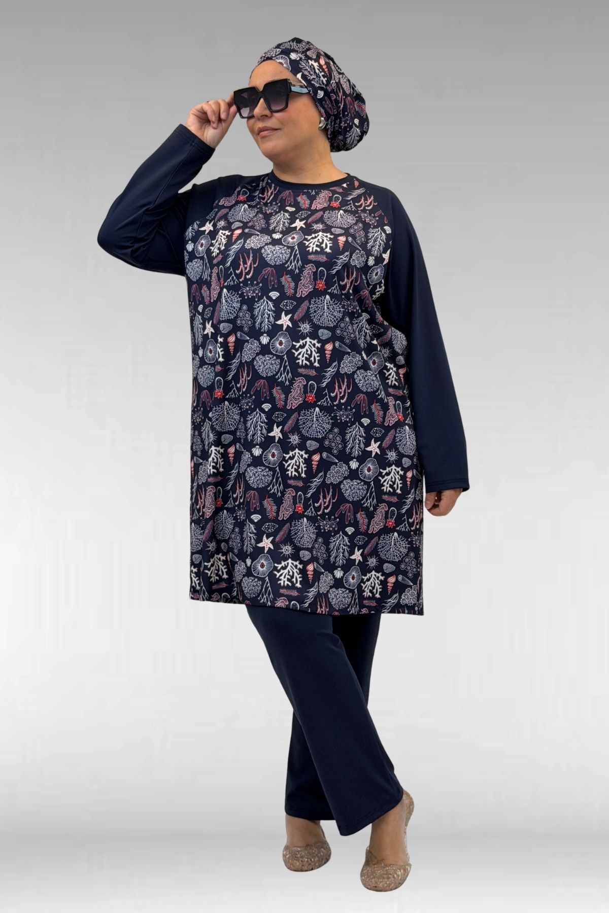 1742 Büyük Beden Uzunkol Tesettür Mayo Takım - Karışık Desen Laci