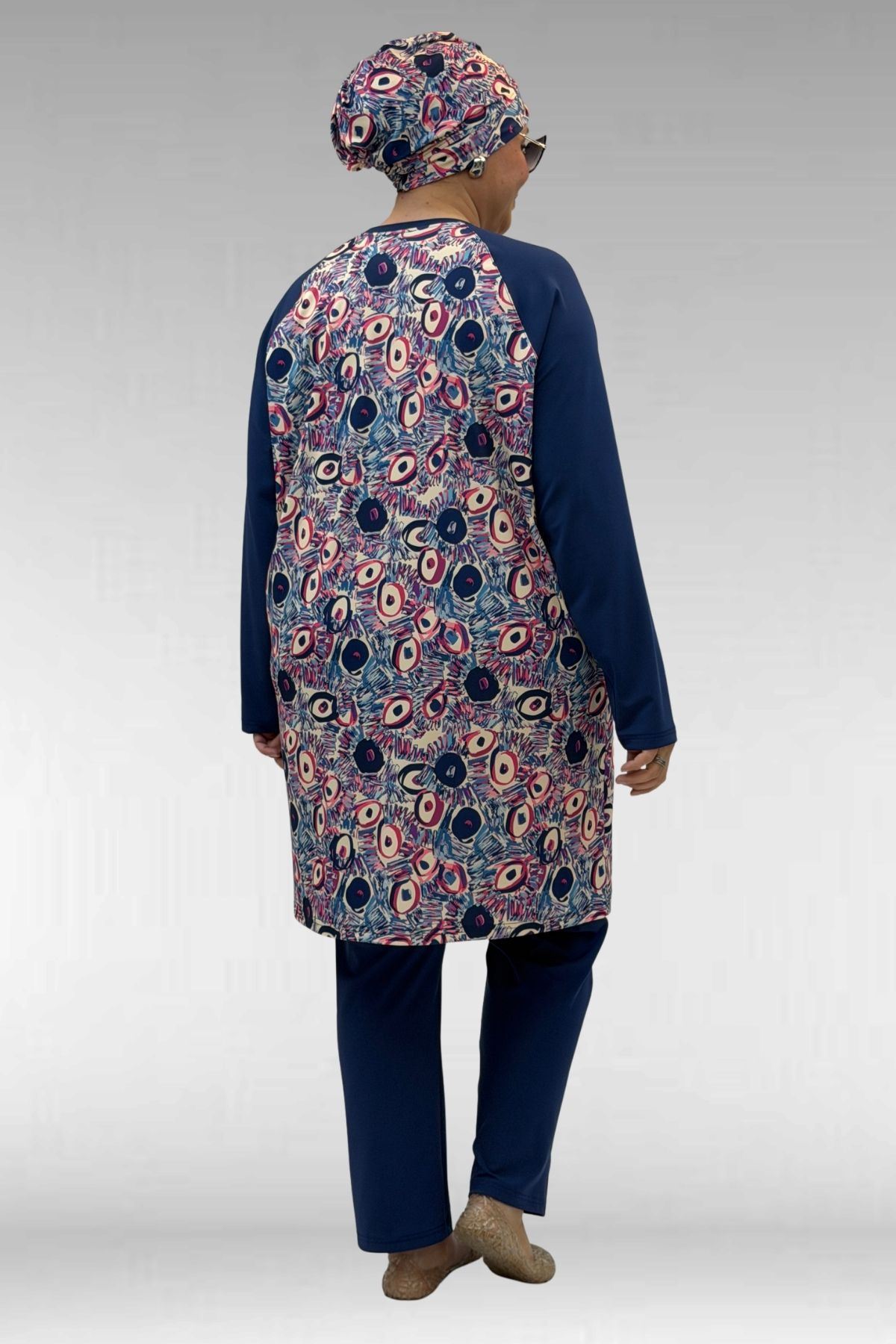 1742 Büyük Beden Uzunkol Tesettür Mayo Takım - Göz Desen İndigo