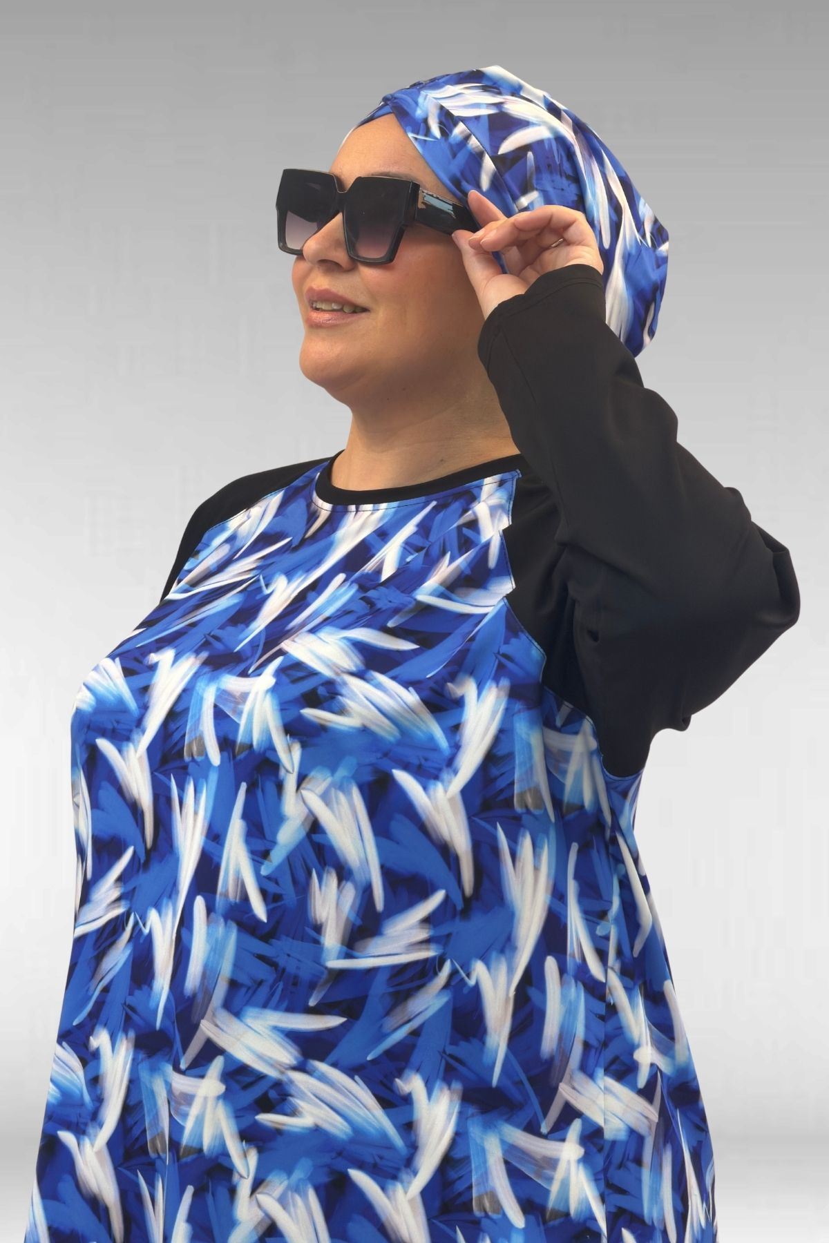 1742 Büyük Beden Uzunkol Tesettür Mayo Takım - Fırça Desen Saks