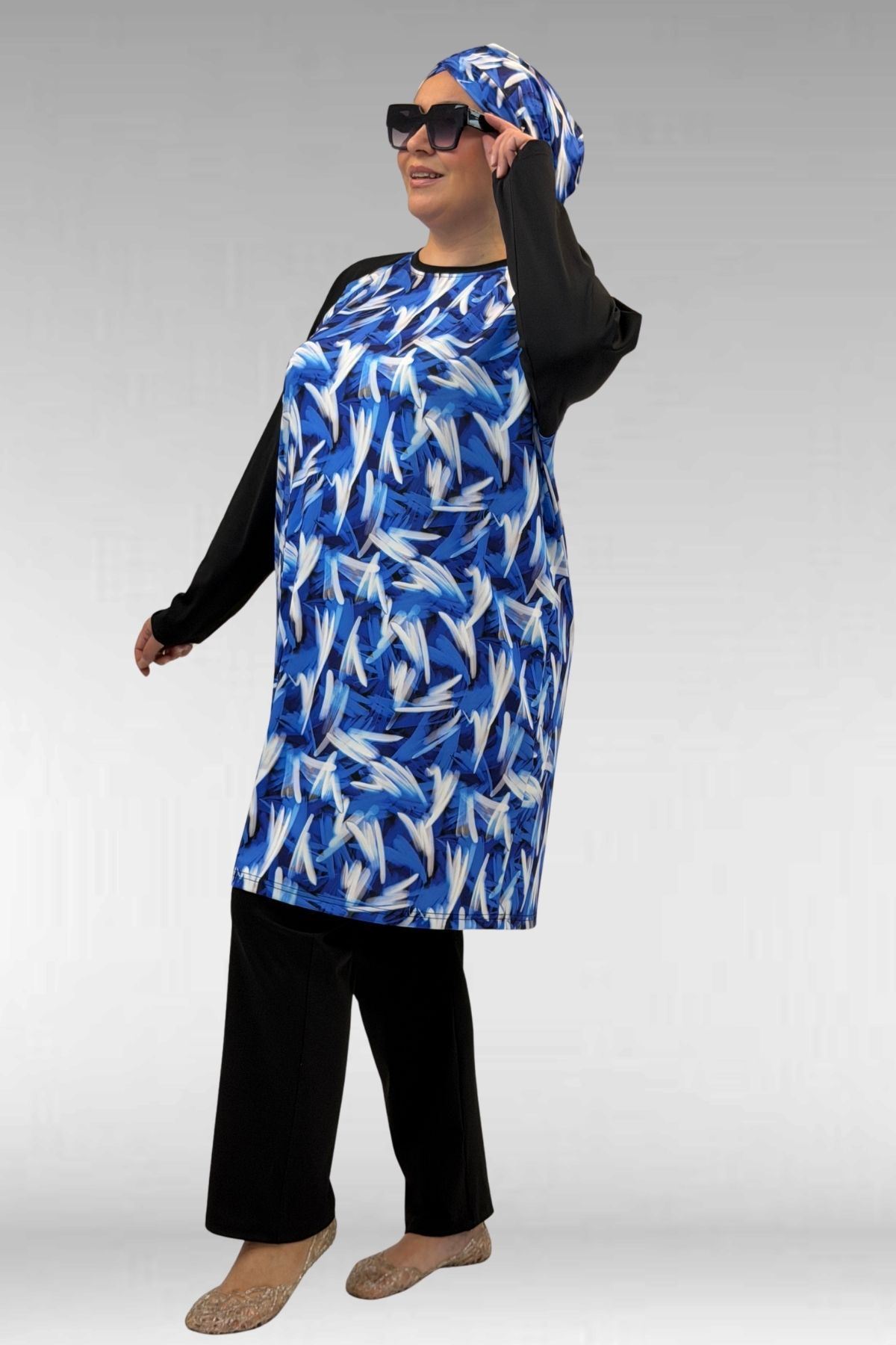 1742 Büyük Beden Uzunkol Tesettür Mayo Takım - Fırça Desen Saks