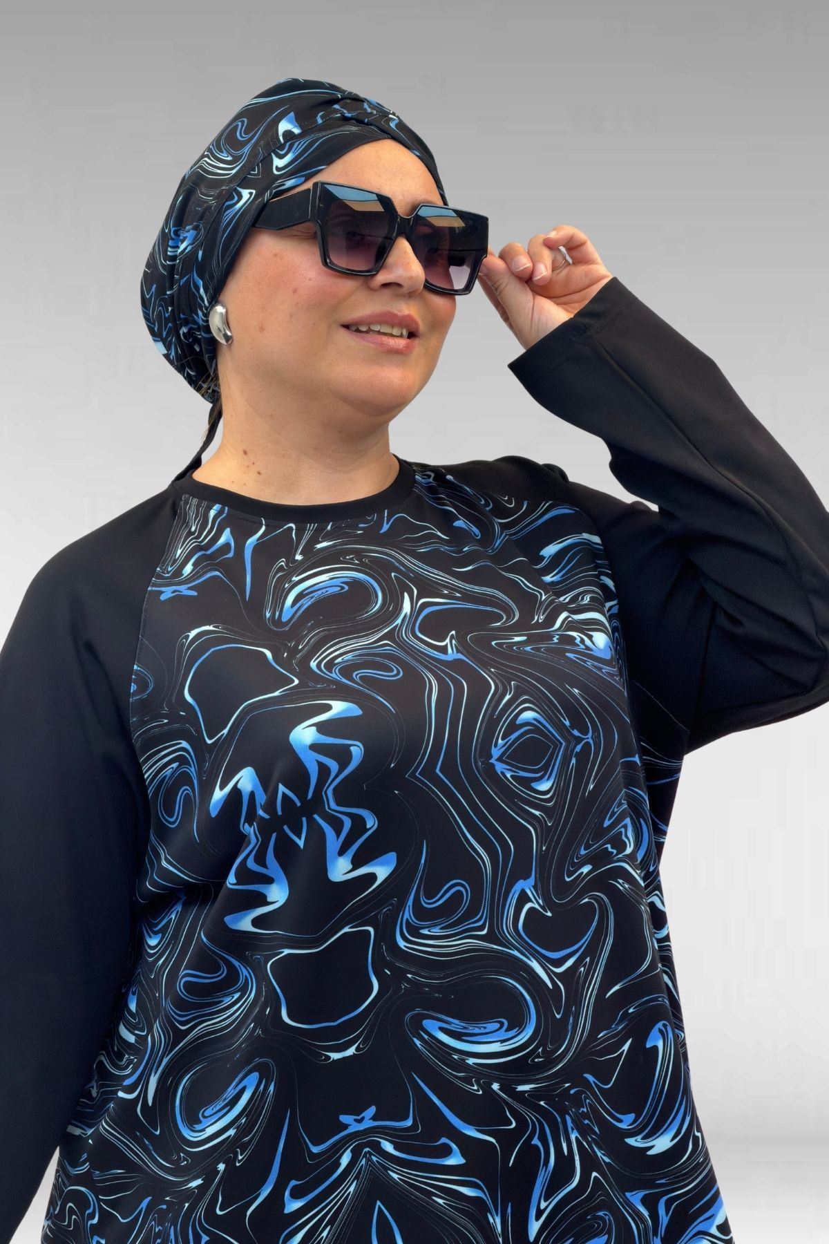 1742 Büyük Beden Uzunkol Tesettür Mayo Takım - Aqua Mavi