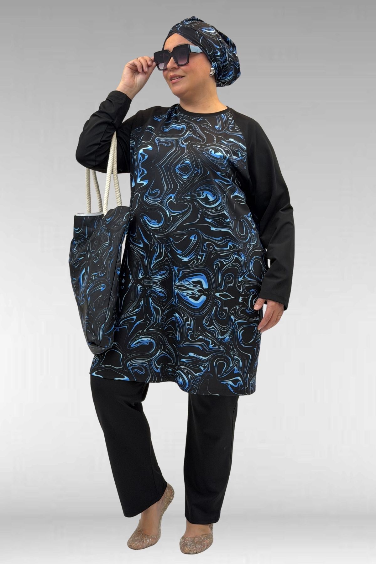 1742 Büyük Beden Uzunkol Tesettür Mayo Takım - Aqua Mavi