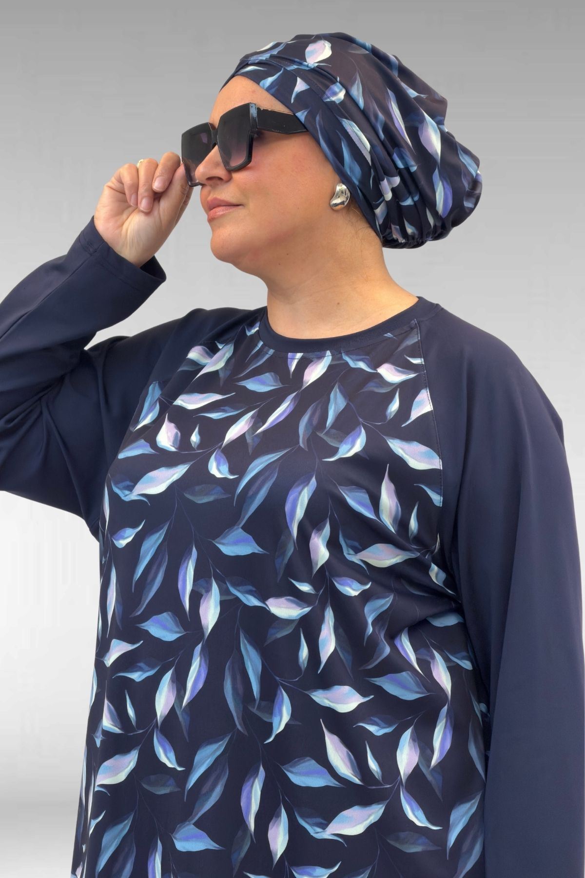 1742 Büyük Beden Uzunkol Tesettür Mayo Takım - Laci Yaprak Desenli-Laci