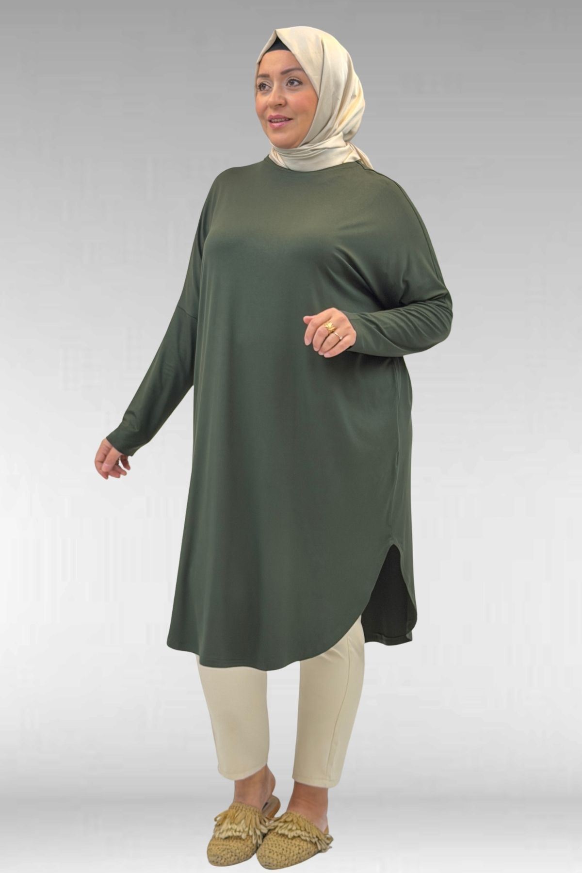 38110  Büyük Beden Düşük Kol Penye Tunik - Haki