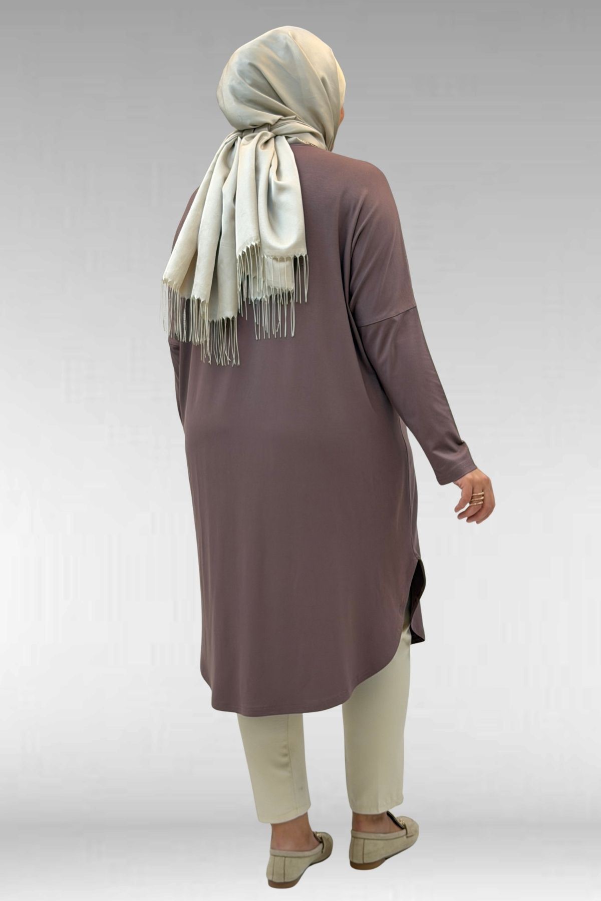 38110  Büyük Beden Düşük Kol Penye Tunik - Vizon