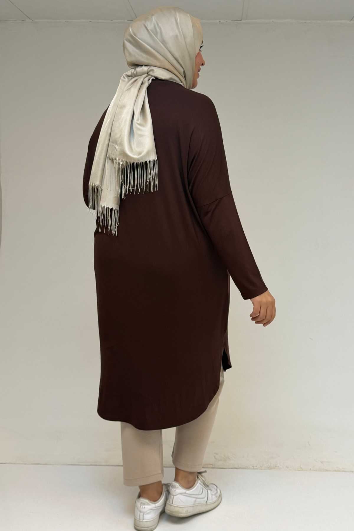 38110  Büyük Beden Düşük Kol Penye Tunik - Kahve