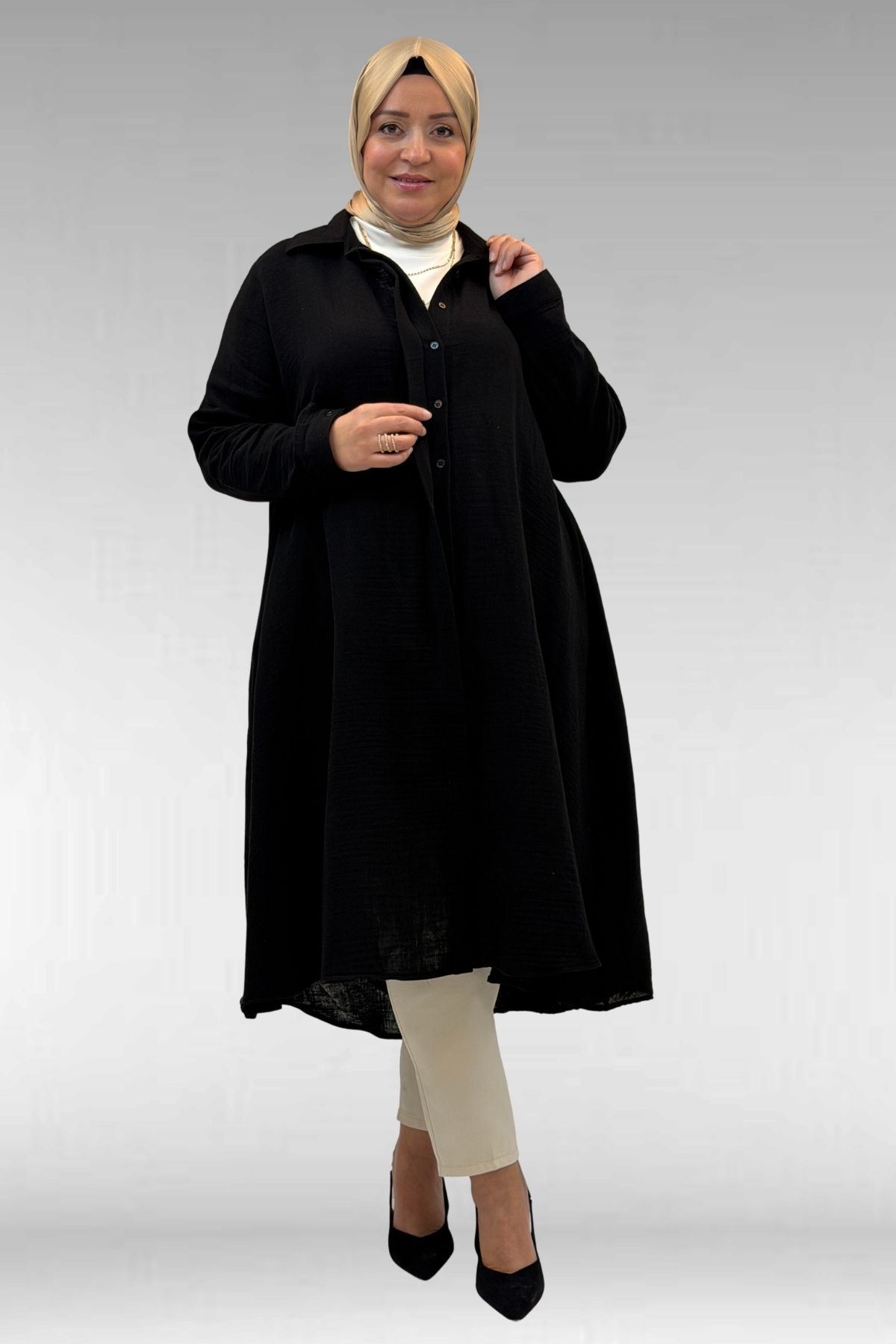 58093 Büyük Beden Mevlana Kesim Müslin Gömlek - Siyah