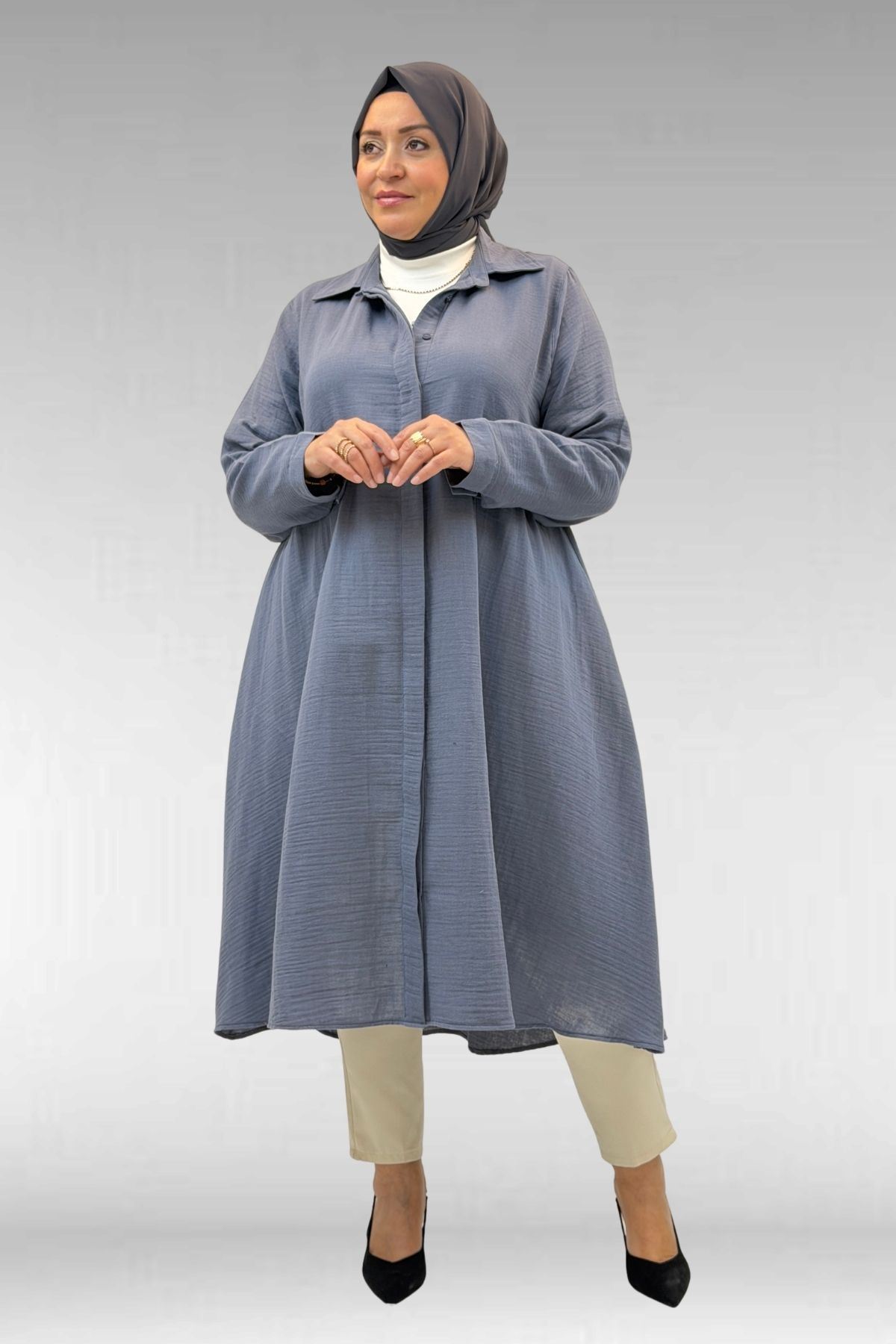 58093 Büyük Beden Mevlana Kesim Müslin Gömlek - Antrasit