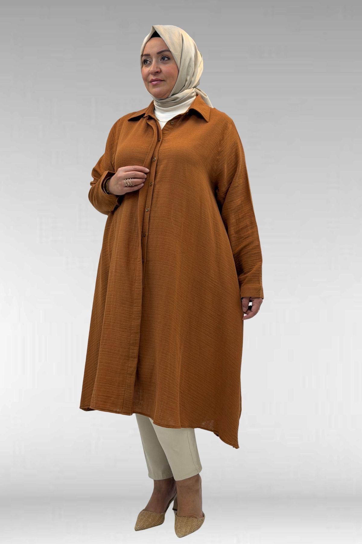 58093 Büyük Beden Mevlana Kesim Müslin Gömlek - Tarçın