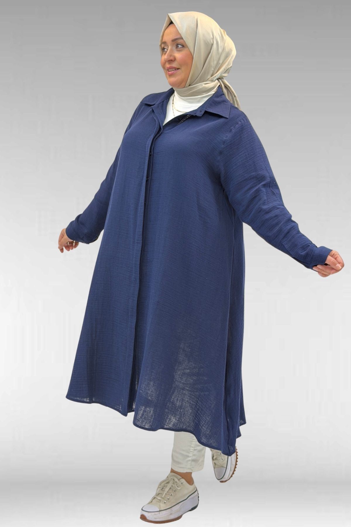 58093 Büyük Beden Mevlana Kesim Müslin Gömlek - Lacivert