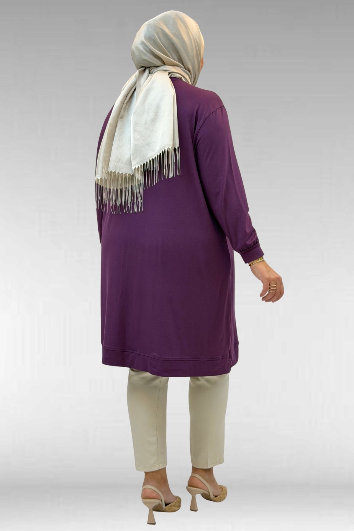 68006 Büyük Beden Pat Üzeri Düğme Detaylı Penye Tunik - Mürdüm