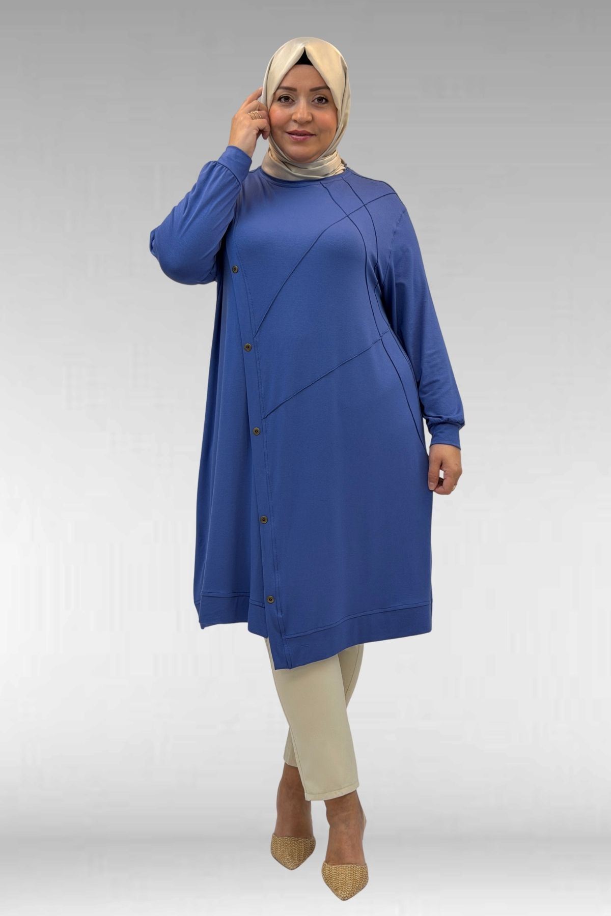 68006 Büyük Beden Pat Üzeri Düğme Detaylı Penye Tunik - İndigo